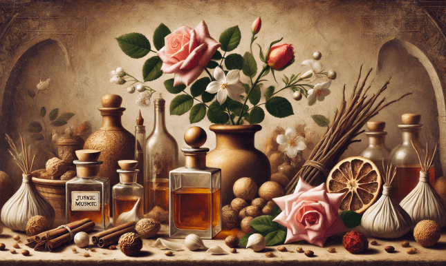 Classical still life with perfume bottles, roses, and spices